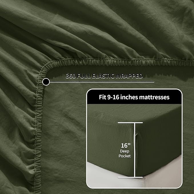 LBRO2M 100% Linen Sheet Set Twin Size,Bed Sheets 3 Piece Sets,Solid Color Natural Flax Bed Sheets Soft Breathable Bedding,16" Deep Pocket,All Season (Twin, Olive Green)