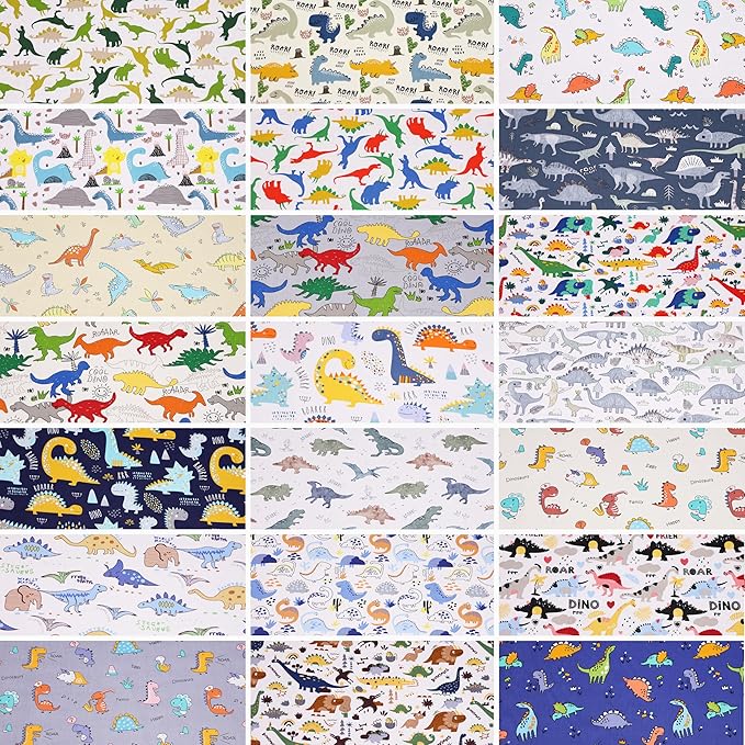 Hanjunzhao 21Pcs Cartoon Dinosaur Fabric Fat Quarters Bundles 18 x 22 Inch, Animal Print Dinosaurs Cotton Quilting Fabric Squares for Quilting, Sewing, Baby Boy Blanket, Quilts, Home Decor, and Crafts