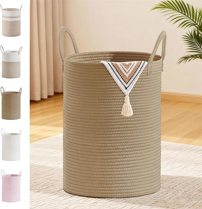 SunNewt Tall Laundry Basket with Handles, 58L Portable Dirty Clothes Hamper, Boho Cotton Rope Storage Bin for Blankets Kids Toys Gifts, Decorative Organizer for Baby Nursery Bedroom Bathroom, Jute