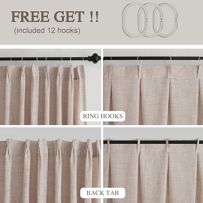 HIG Camel Linen-Like Pinch Pleated Shower Curtain, 72 Inch Wide, Fabric Bathroom Curtain with Memory Shape, Modern Neutral Solid Color, Machine Washable Privacy Cloth Curtain for All Season Use