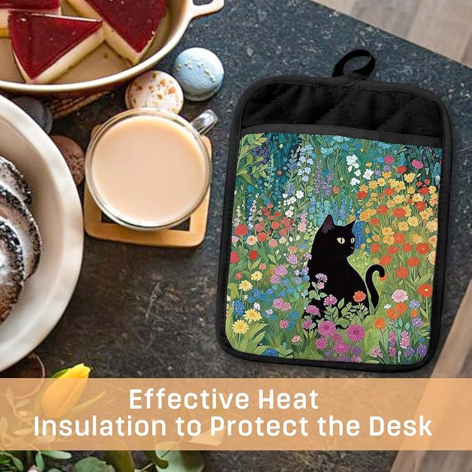 Abstract Wildflower Black Cat Pot Holders with Pockets, Cottagecore Kitchen Decor, Whimsical Floral Cat Oven Pot Holders Heat Resistant Oven Mitts Hot Pads for Kitchen Baking Cooking