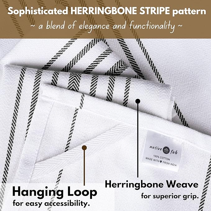 Native Fab 4 Pack Black Kitchen Towels Scandia Stripe 16"x26" - Cotton Dish Cloth, Super Absorbent Dish Towels, Multi Purpose Quick Dry Kitchen Washcloths with Loop, Black White