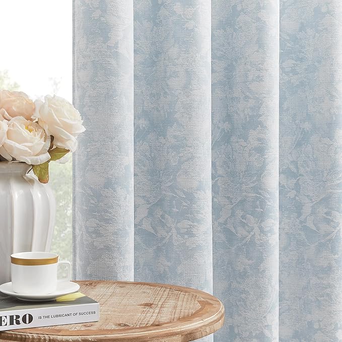 Beauoop Blue Floral Jacquard Blackout Curtains 108 Inches Long 2 Panels for Bedroom Living Room Chenille Flower Room Darkening Thermal Insulated Soundproof Grommet Window Treatments Drapes, 52x108