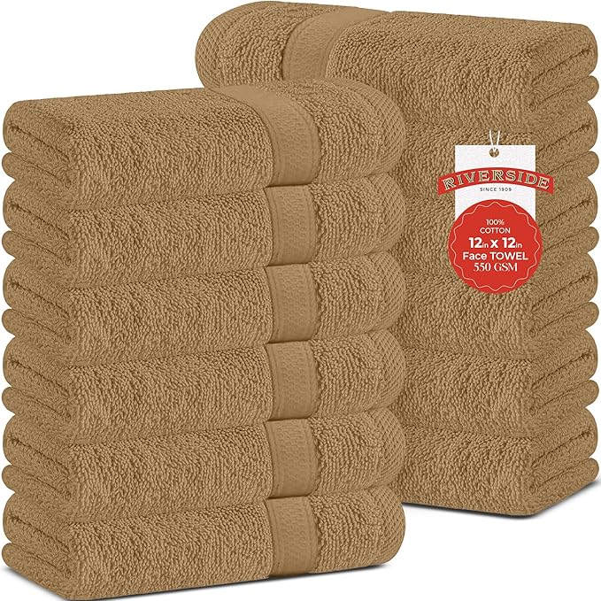 RIVERSIDE 12 Pack Premium 100% Cotton Face Wash Cloths, 12 x 12 Inches, Soft & Absorbent Face Towels for Bathroom Wash Clothes, 550 GSM, Luxury WashCloths for Showering, Body, Spa & Gym, Tan