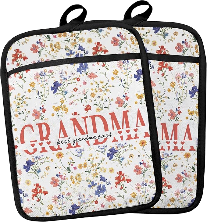 Grandma Gifts Floral Pot Holders, Mother's Day Birthday Gifts for Grandma from Grandkids Grandsons Granddaughters Canvas Pot Holders for Women,Potholders for Kitchens