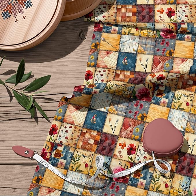 Autumn Meadow Patchwork Cotton Fabric – Premium Turkish Printed Cotton 140 GSM, Panel 61 x 36.6 Inches, Pre-Cut Quilting & Sewing Fabric Panel for Crafts, Home Decor & DIY Projects (USA Size)