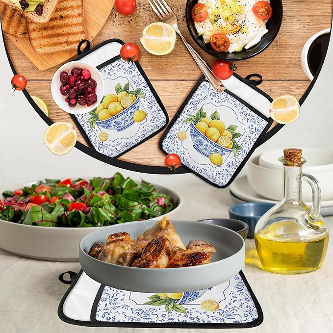 Blue and White Floral Lemon Pot Holders with Pockets, Lemon Gifts Pot Holders Heat Resistant Oven Mitts Hot Pads for Kitchen Baking Cooking,Potholders for Kitchens