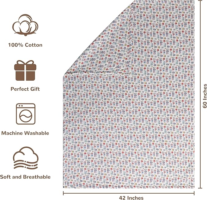 NTBAY 4 Layer Muslin Cotton Toddler Blanket, 42x60 Soft and Breathable Receiving for Newborns and Infants, Perfect for Crib, Stroller, Travel, Lightweight Nursery Blanket, Cartoon Train