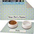 Drymate Personalized Pet Bowl Placemat, Custom Dog & Cat Food Feeding Mat - Absorbent Fabric, Waterproof Backing - Machine Washable/Durable (USA Made) (12" x 20") (Structure Blue & Green)