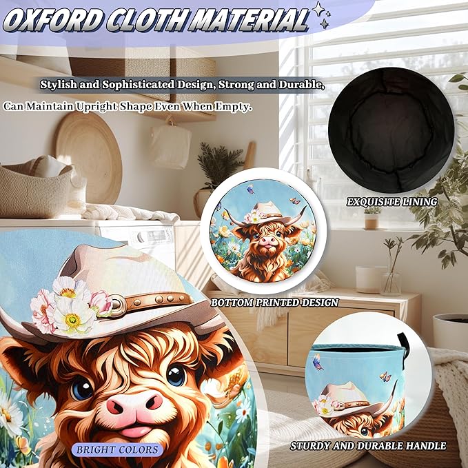 Cute Highland Cattle Laundry Hamper Foldable Oxford Cloth Animal Floral Cows Laundry Basket With Handle Portable Clothes Storage Basket Laundry Bag 18.9"x16.5" For Laundry Room/Bedroom/Bathrooms
