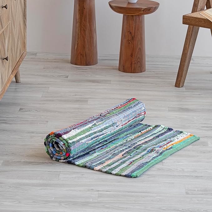 HOMEMONDE Chindi Runner Area Rug 2x6 feet Recycled Soft Cotton Rugs Hand Crafted Reversible Boho Home Decor for Kitchen, Entyrway, Bedroom, Living Room - Multi Green