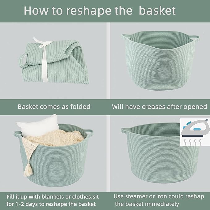 XUANGUO Large Cotton Rope Basket – 22"x14" Woven Storage Basket for Blankets, Toys, Laundry, and Nursery – Round Baskets for Living Room, Kids, and Pets Light Green