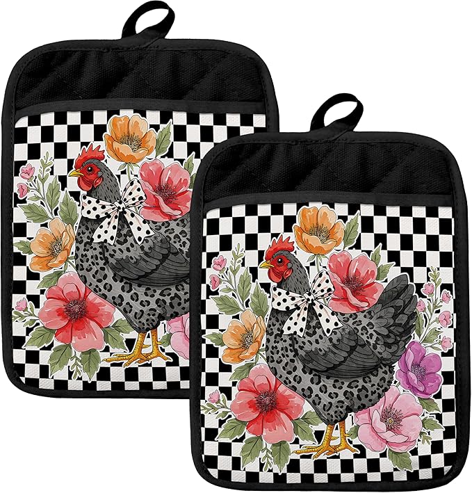 Trendy Floral Chicken Pot Holders for Kitchen, Chicken Lovers Mom Lady Gifts, Rustic Leopard Print Rooster Hen Heat Resistant Hot Pads and Oven Mitts for Baking Cooking
