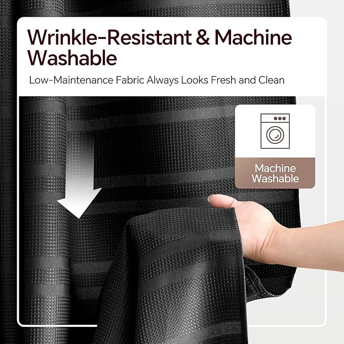 TURKIO Black Shower Curtain Waffle Weave Shower Curtain Striped Fabric Shower Curtains for Bathroom, Black Bathroom Decor