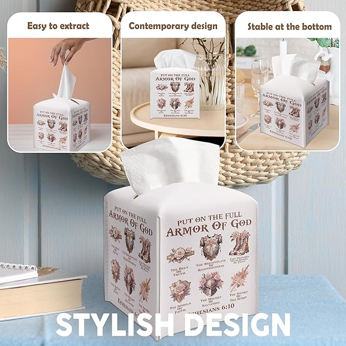 Christian Decorative Tissue Box Cover Square, Floral Napkin Tissue Box Holder, Bible Verse Inspirational Gift Ideas for Friends, Armor of God, Bathroom Office Desk Decor-(5.2 Inches)