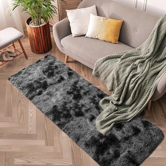 2x6 Fluffy Soft Runner Rug for Bedroom Living Room, Dark Grey and Black Carpet Runners for Hallways Non-Slip Shaggy Bedside Long Rug, Fuzzy Shag Bedroom Runner for Kids Room Dorm Nursery