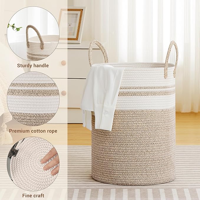 SunNewt Tall Laundry Basket with Handles, 58L Portable Dirty Clothes Hamper, Boho Cotton Rope Storage Bin for Blankets Kids Toys Gifts, Decorative Organizer for Nursery Bedroom Bathroom, New Brown