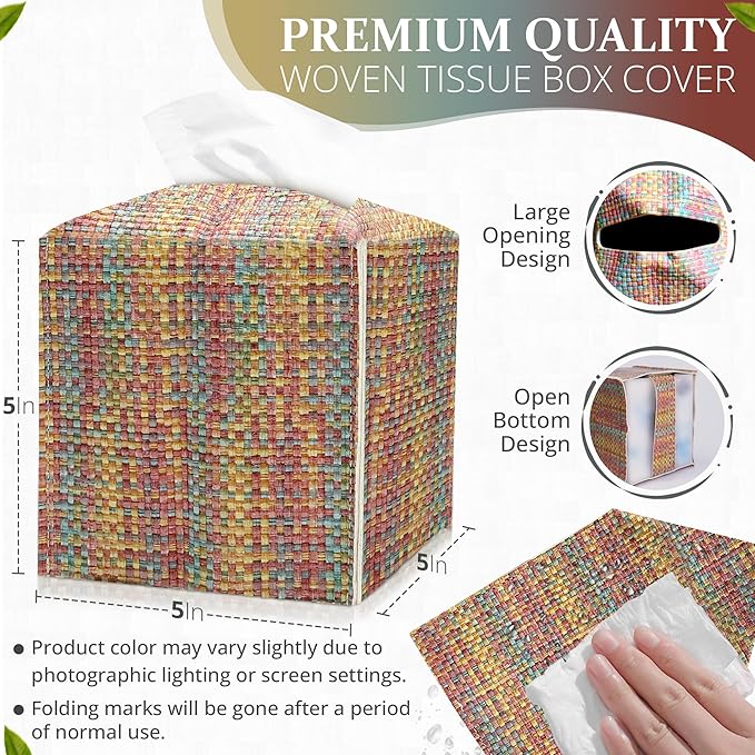 Tissue Box Cover, PU Leather Tissue Box Holder with Bottom Belt, Modern Square Tissue Box Covers with Wide Opening (Dark Mix Color, Woven Patterns)
