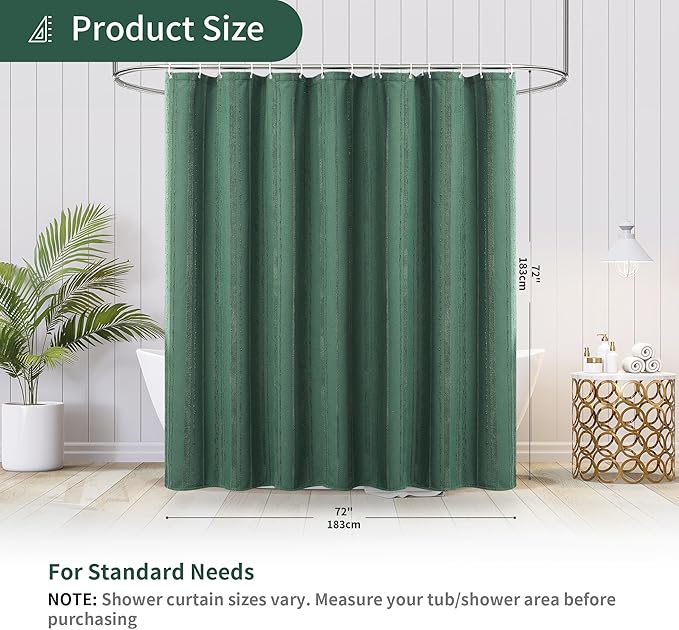 Lameirose Dark Green Shower Curtain Boho, Cotton Blend Waffle Shower Curtain Textured, Fabric Shower Curtains for Bathroom, Hotel, 72 x 72