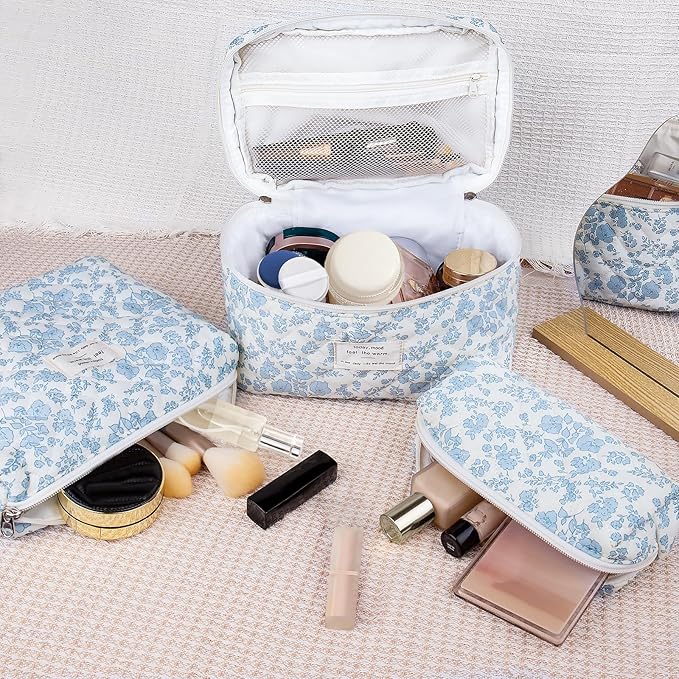 3pc Makeup Bag Set, Quilted Makeup Bag Set, Large Floral Cosmetic Bag for Women, Cute Cotton Makeup Bags, Flower Travel Toiletry Organizer Bag (Star White Rabbit)