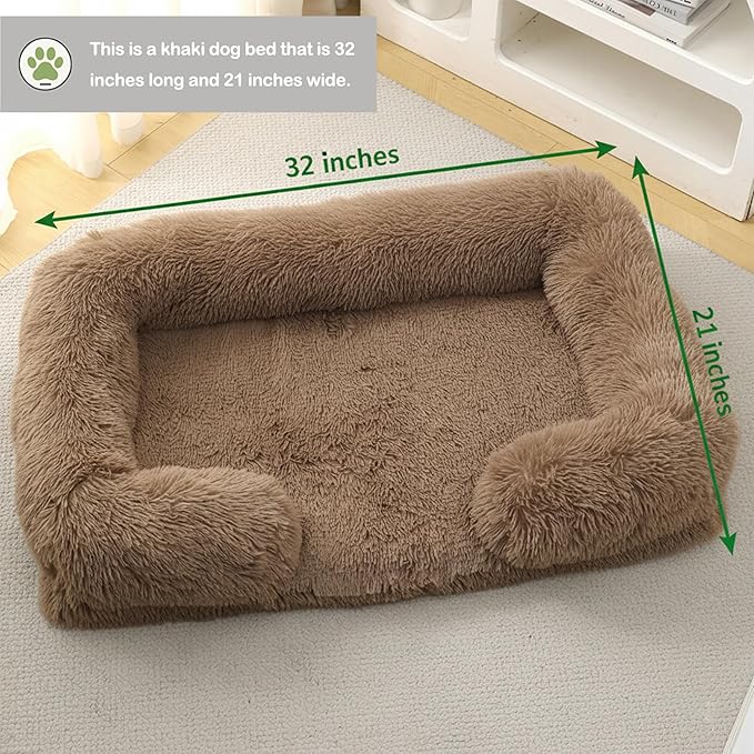 CareCooo Orthopedic Dog Bed for Large Dogs - Washable Memory Foam Pet Sofa, Fluffy Plush Rectangular Bed, Waterproof Anti-Anxiety Couch, Khaki, L