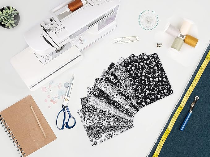 Craftido -25 Options- 100% Cotton Quilting Fabric Bundles 10pcs Fat Quarters 18”x21”-Medium Weight 5.2 oz- Soft Cotton for Quilting, Sewing Project, Patchwork, DIY Crafts - Black & White Flower