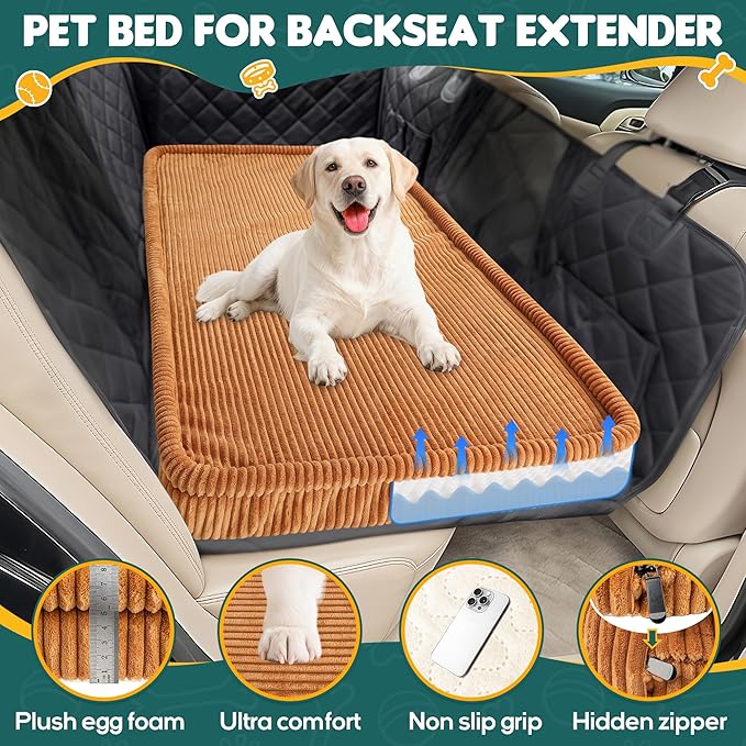Dog Car Bed, Non-Slip Backseat Extender Pet Mat, Removable Washable Dog Bed for SUVs, Sedans & Trucks, Anti-Slip Travel Bed for Dogs, Easy Clean & Scratch-Proof & Comfort Brown (50"×24.6")