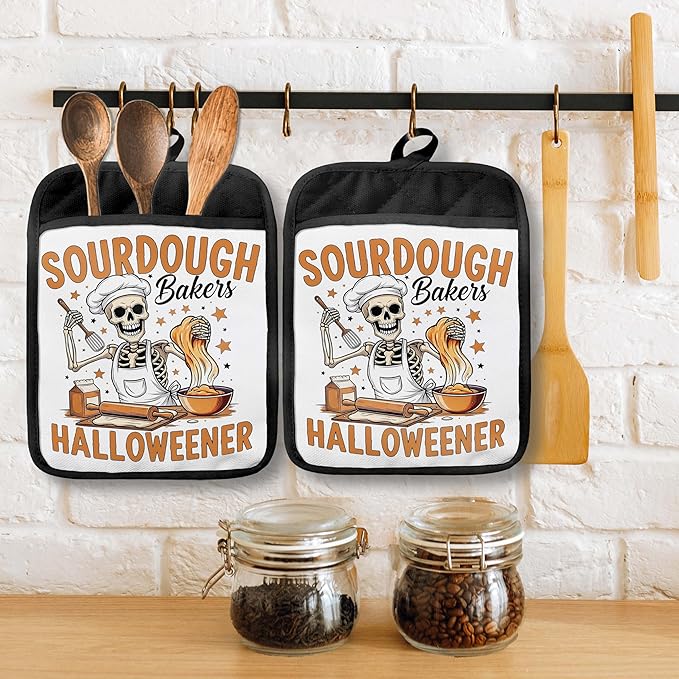 Halloween Skeleton Baker Pot Holders with Pockets, Gifts for Sourdough Bakers, Funny Halloween Skull Oven Pot Holders Heat Resistant Oven Mitts Hot Pads for Kitchen Baking Cooking