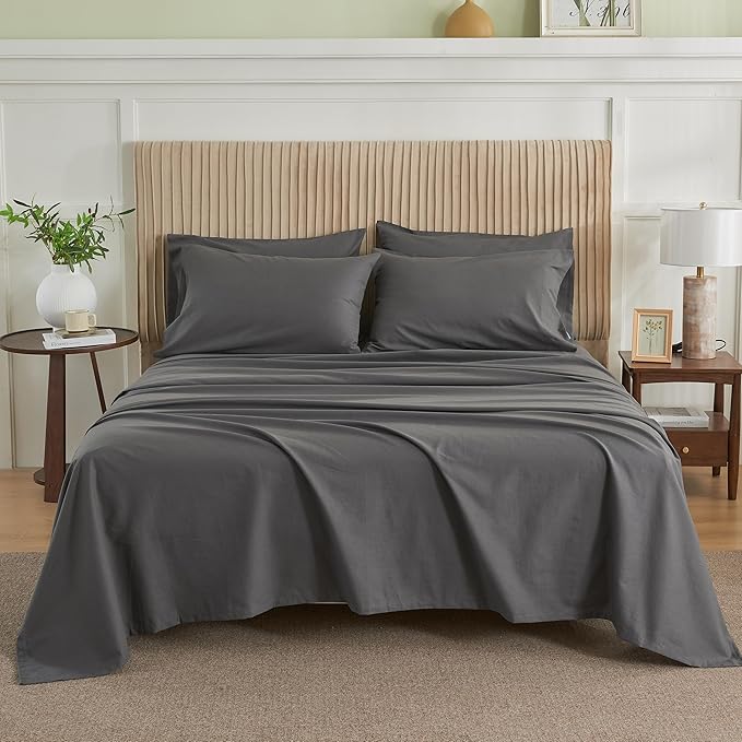 Simple&Opulence Belgian Linen Sheet Set Solid Color - 6 Pieces (1 Flat Sheet & 1 Fitted Sheet & 4 Pillowcases) 16" Deep Pocket Natural Flax Cotton Blended Soft Bedding - Dark Grey, Queen Size