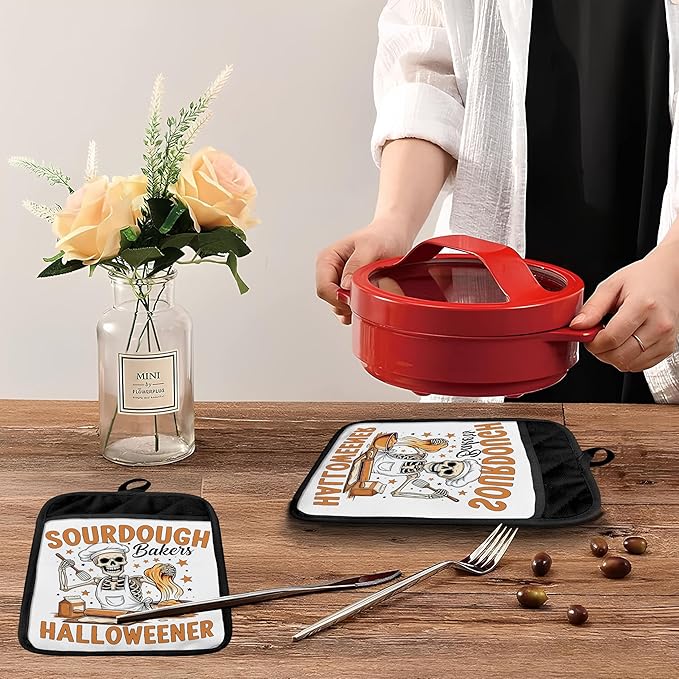 Halloween Skeleton Baker Pot Holders with Pockets, Gifts for Sourdough Bakers, Funny Halloween Skull Oven Pot Holders Heat Resistant Oven Mitts Hot Pads for Kitchen Baking Cooking