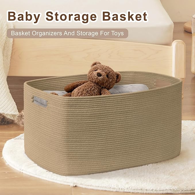 SunNewt 60L Small Wicker Laundry Basket for Living Room Storage,Boho Woven Cotton Rope Baskets for Kids Toy,Gifts,Square Blanket Hamper for Bedroom Dirty Clothes,Jute
