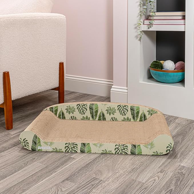 The LICKER Store CSR1004B Montego 27.5" Coastal Patterned Cardboard Lounge Bed Cat Scratcher with Catnip, Mint/Green