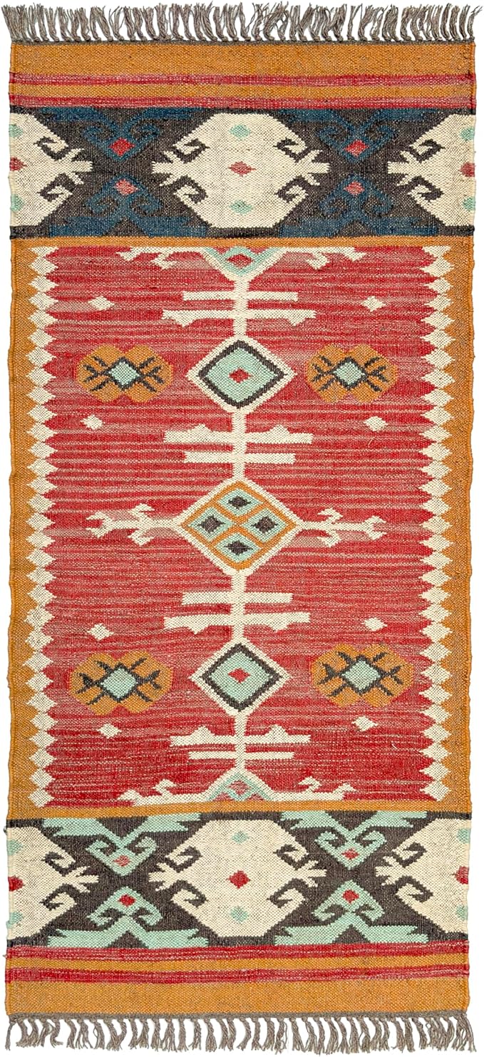 Jute Traditional Kilim Rug Boho Flatweave Area Rug for Living Room, Living Room Entryway, Tribal Series, 2'x20'