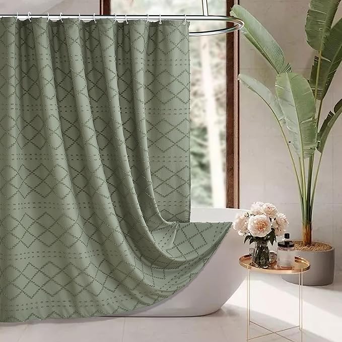 Siiluminisoy Sage Green Boho Shower Curtain Fabric Shower Curtain, 72 x 72 Tufted Chevron Textured Striped Modern Farmhouse Minimalist Cloth for Bathroom