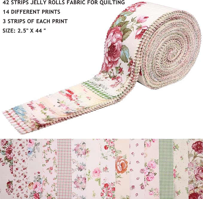 Hanjunzhao Jelly Roll Fabric Strips for Quilting, Crafting, and Sewing, 42 Strip Jelly Rolls Fabrics Clearance, Soft Cotton for Blanket, Rug, Upholstery, Home Decor, and Purse Making, Vintage Floral