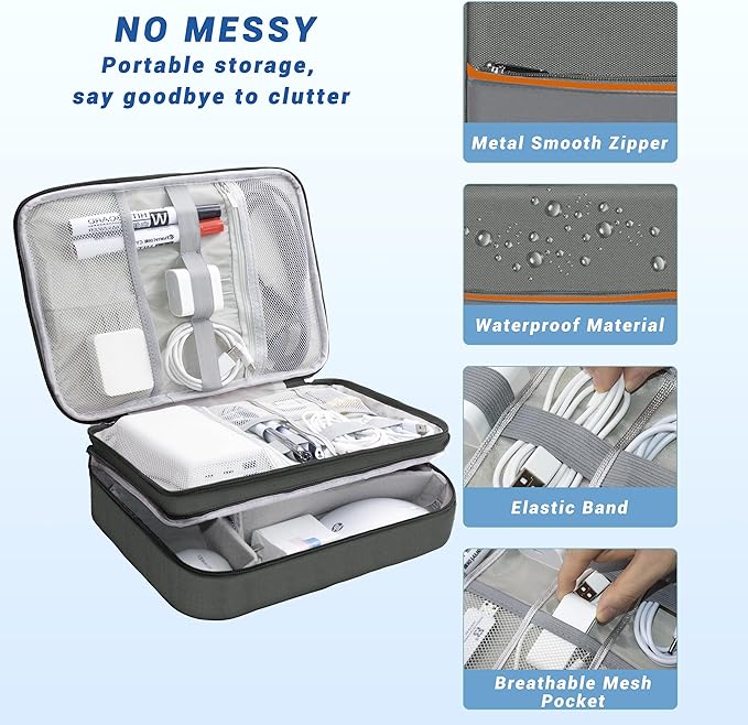 Miavers Electronics Organizer,Travel Cord Organizer Pouch, Portable Cable Organizer Bags, Waterproof Electronic Accessories Storage Case for Cables, Cords, Charger, Phone (Three Layer-Gray)