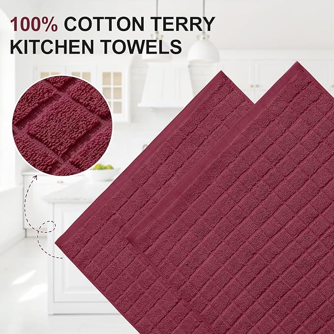 Homaxy Premium Cotton Kitchen Towels 16"x 28", Large Natural Ring Spun 390 GSM Dish Towels, Super Absorbent Terry Kitchen Hand Towels, Soft Tea Towels with Hanging Loop, Pure Red Design,8 Pack