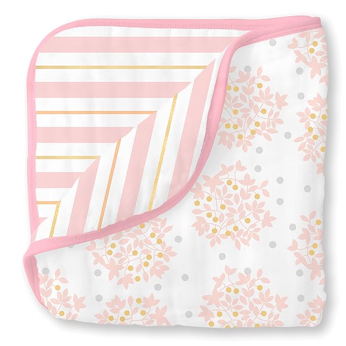 SwaddleDesigns 4-Layer Cotton Muslin Luxe Blanket, Baby and Toddler Cuddle and Dream, 46x46 inches, Pink Heavenly Floral and Stripes