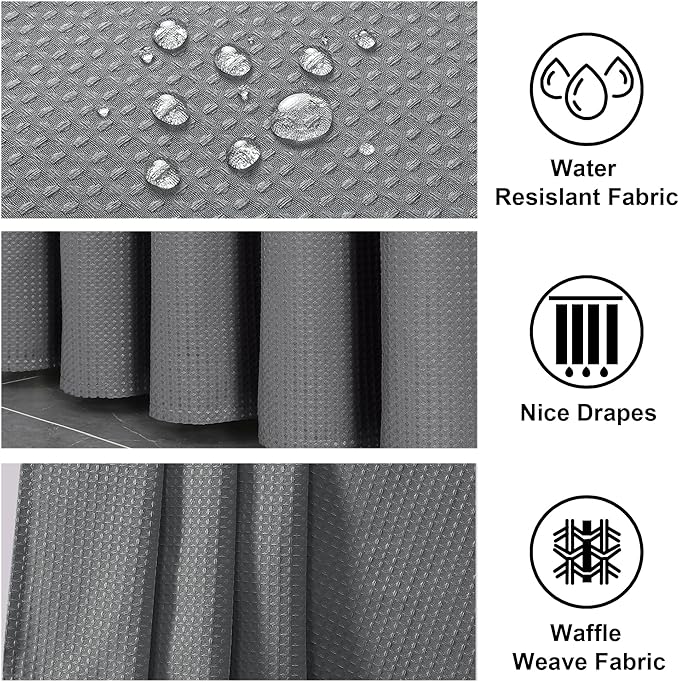 OWENIE Grey Shower Curtain 96 Inch Extra Long, Waffle Weave Textured Fabric Bathroom Curtains, Water Repellent Thick Soft Hotel Spa Luxury Elegant Bath Curtain, Machine Washable, Grey, 72x96 Inch
