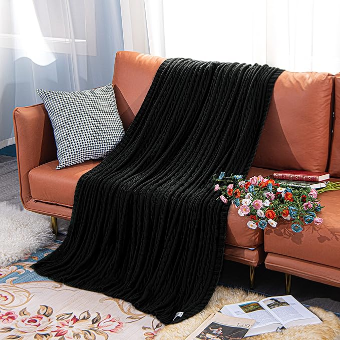 NTBAY 100% Pure Cotton Cable Knit Throw Blanket, Super Soft Warm 51x67 Knitted Throw Blanket for Couch, Sofa, Chair, Bed - Extra Cozy, Machine Washable, Comfortable Home Decor, Black
