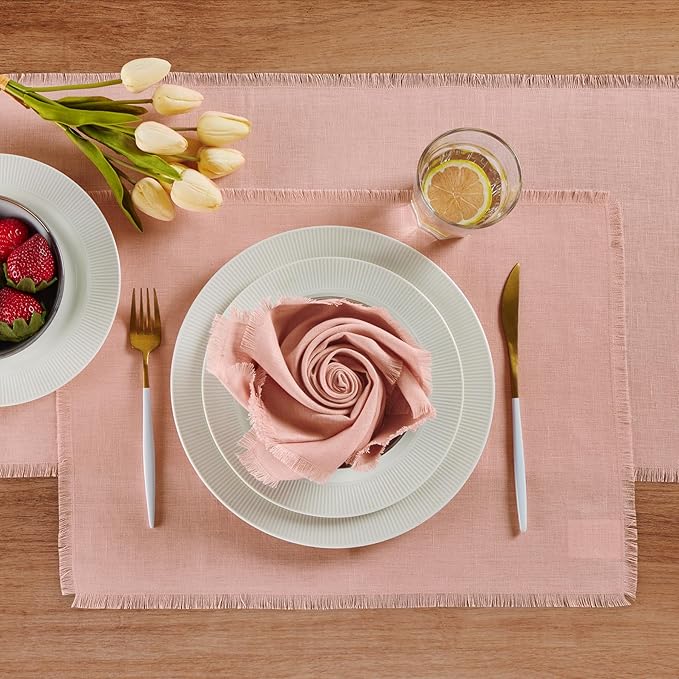 Solino Home Fringe Linen Cloth Napkins Set of 4-100% Pure Linen Misty Pink Dinner Napkins 20 x 20 Inch for Valentines, Spring, Easter - Handcrafted and Machine Washable