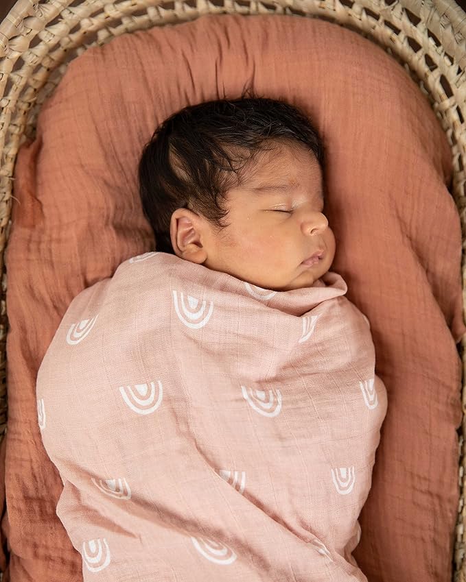 Sticky Toffee Muslin Swaddle Baby Blanket, Blush Pink Rainbows, 47 x 47 in, Soft Breathable Oeko-Tex Cotton Newborn Wrap and Receiving Blanket