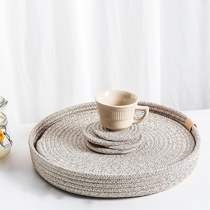 Art PineCone's Woven Cotton Rope Round Placemats Set of 4 with Holder Included, Non-Slip, and Heat Resistant Shabby Chic Placemats (Taupe Mix, 13 inch Plus Coaster)
