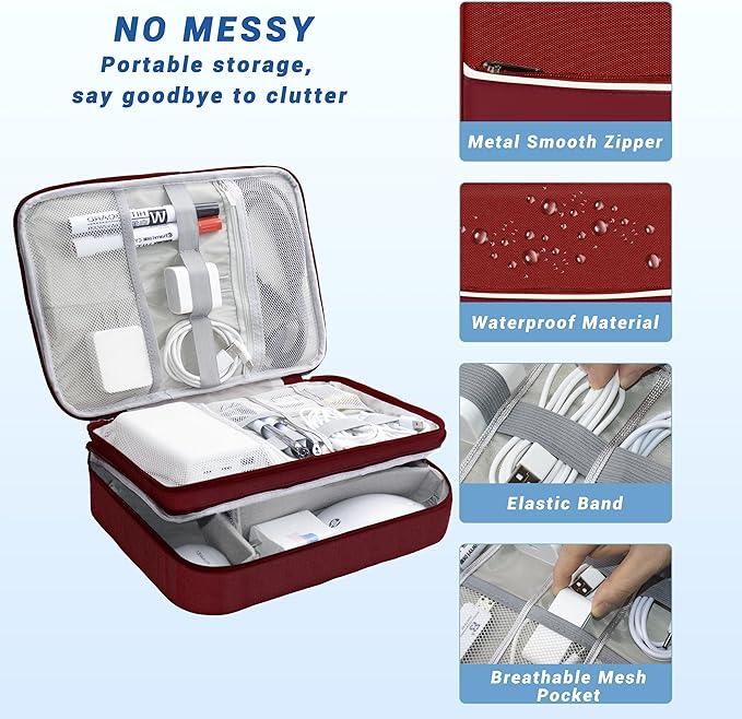 Miavers Electronics Organizer,Travel Cord Organizer Pouch, Portable Cable Organizer Bags, Waterproof Electronic Accessories Storage Case for Cables, Cords, Charger, Phone (Three Layer-Winered)