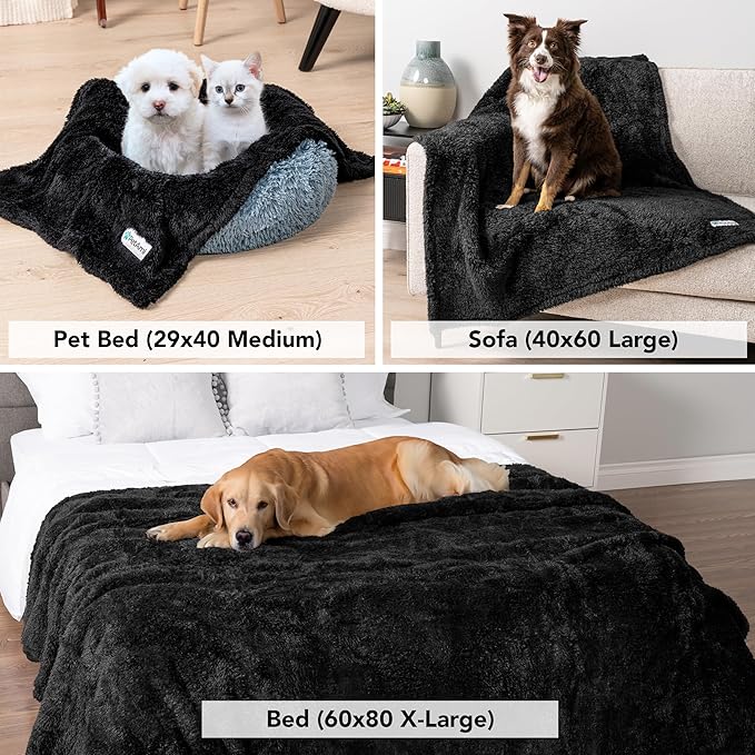 PetAmi Fluffy Soft Dog & Cat Blanket - Black Sherpa Fleece, Calming Pet Blanket for Couch, Small 24x32
