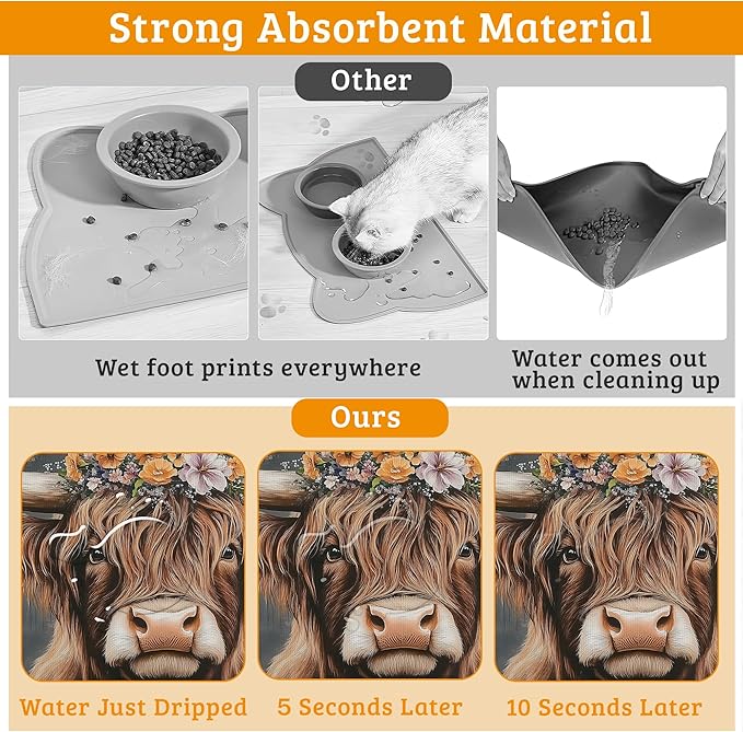 Highland Cow Feeding Mat, Absorbent Quick-Dry Cat Dog Food and Water Bowl Mats,Non-Slip Rubber Backing Mat,Cat Dog Accessories Supplies 12" x 20"