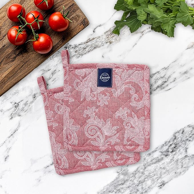 Pot Holders for Kitchen | Heat Resistant Pads | Set of 2 | Hot Dish Holder Sets | 8x8 in |for Cooking, Baking, Grilling, Microwave & BBQ, Chambray Red by Encasa XO