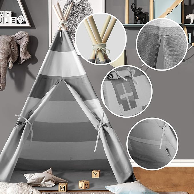 Teepee Tent for Kids Boys Indoor Play Teepee Tent for Boy Grey Stripe Teepee Kids Tent Indoor for Children Nursery Decor, Foldable Teepee for Boys & Girls Birthday Gift