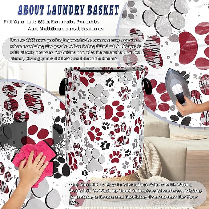 Pink Dog Paw Print Laundry Basket Oxford Cloth Animal Dogs Laundry Hamper With Handle Portable Clothes Storage Basket Foldable Funny Laundry Bag 18.9"x16.5" For Laundry Room/Bedroom/Bathrooms