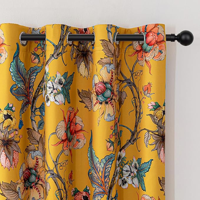 MYSKY HOME Yellow Floral 95% Blackout Curtains 84 Inches Long for Living Room Bedroom Thermal Insulated Light Blocking Noise Reducing Flower Printed Vintage Window Treatments Grommet, 2 Pcs, 52" Wide